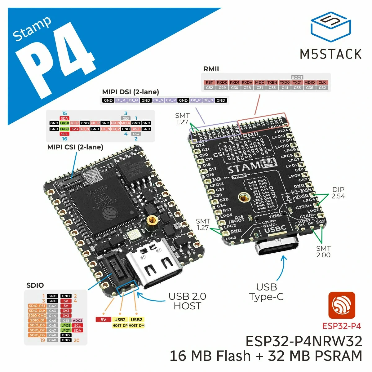 M5Stack M5Stamp ESP32P4 Module ESP32-P4NRW32 Embedded Module 16MB Flash 32MB PSRAM Dual-Core RISC-V MIPI CSI MIPI DSI USB OTG Ethernet SDIO — view 5