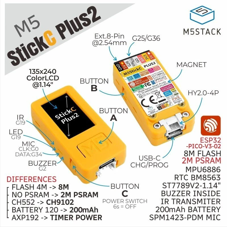 M5Stack M5StickC PLUS/PLUS2 ESP32 IoT Development Board with 1.14-inch TFT Screen Mini IoT Controller Graphical Programming Kit — view 4