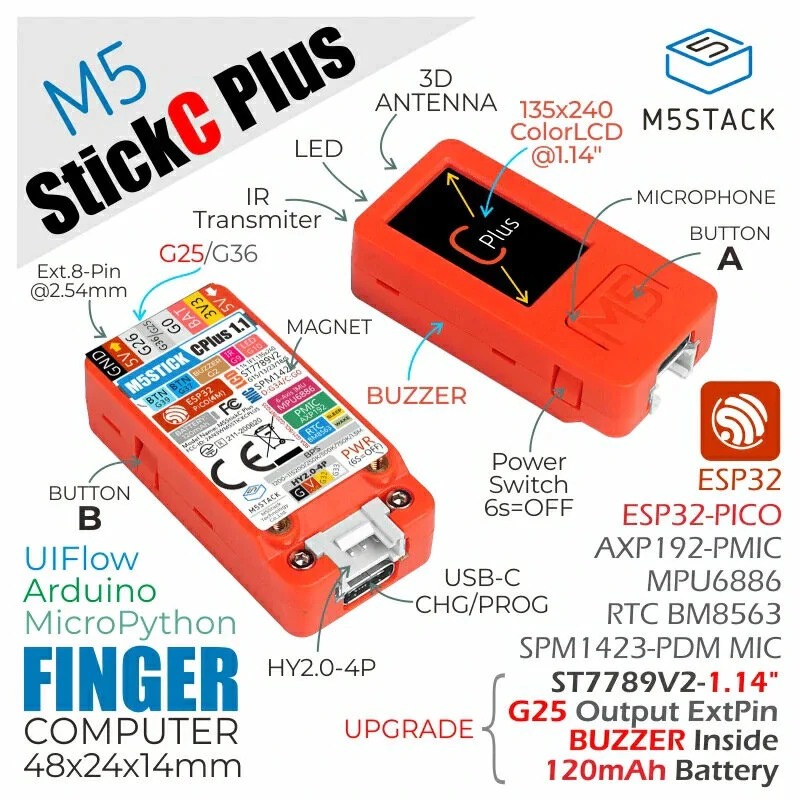 M5Stack M5StickC PLUS/PLUS2 ESP32 IoT Development Board with 1.14-inch TFT Screen Mini IoT Controller Graphical Programming Kit — view 5