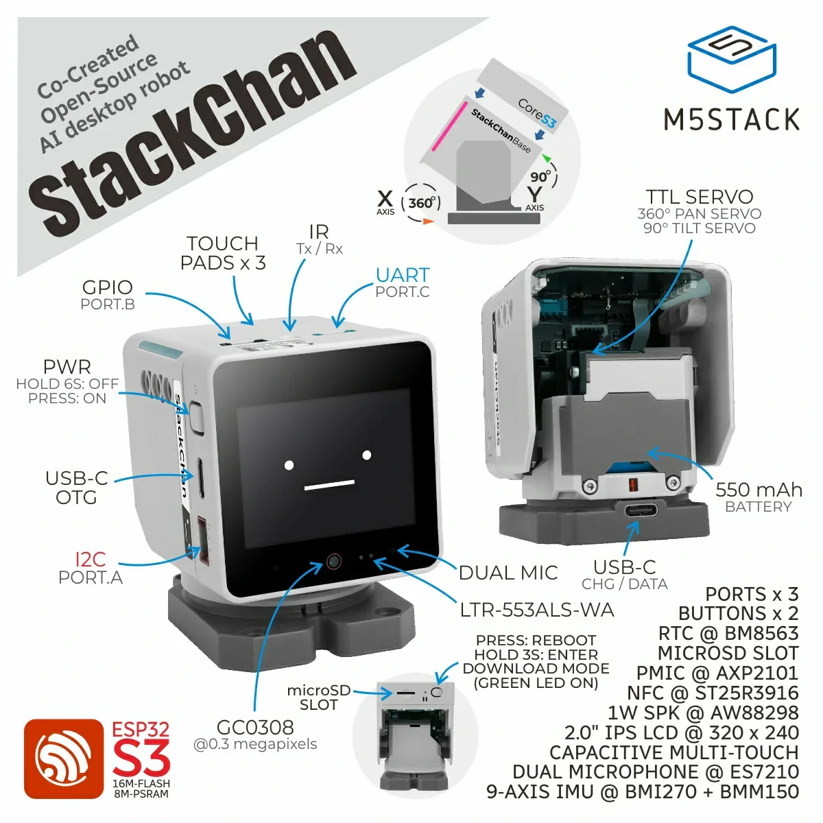 M5Stack StackChan AI Desktop Robot ESP32S3 IoT Development Module Kawaii Co-Created Open-Source AI Desktop Robot with 2 Inch LCD Display — view 2