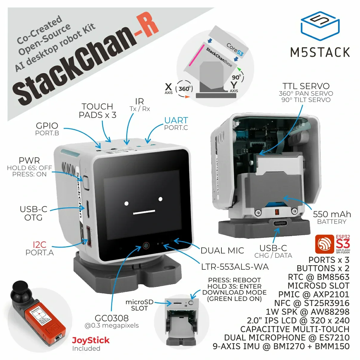 M5Stack StackChan K151-R AI Desktop Robot Kit ESP32S3 Dual Core NFC 2 Inch Touchscreen Voice Interaction IoT Development Module with Remote Control Kawaii Co-Created Open-Source AI Desktop Robot — view 4