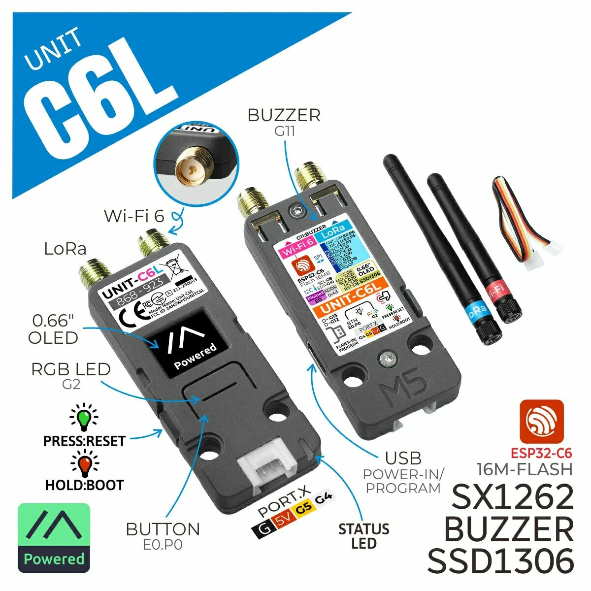 M5Stack Unit C6L for Meshtastic LoRa Communication Module ESP32-C6 SX1262 WiFi 6 0.66 Inch OLED Display RGB LED 868~923 MHz Long Range Wireless Networking — view 2