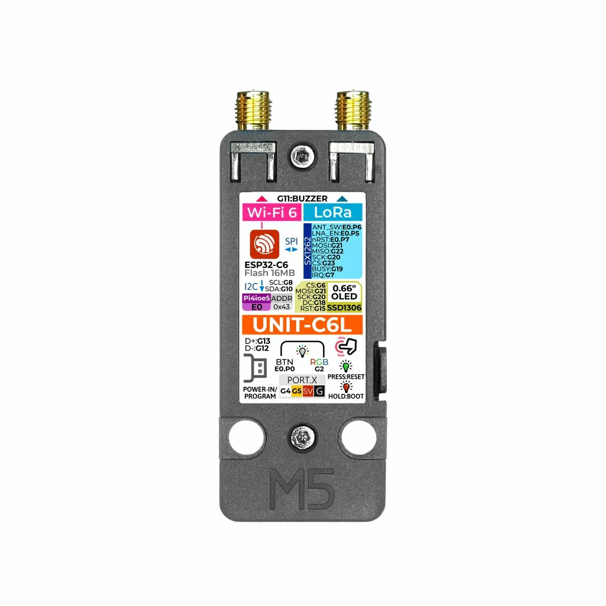 M5Stack Unit C6L for Meshtastic LoRa Communication Module ESP32-C6 SX1262 WiFi 6 0.66 Inch OLED Display RGB LED 868~923 MHz Long Range Wireless Networking — view 3
