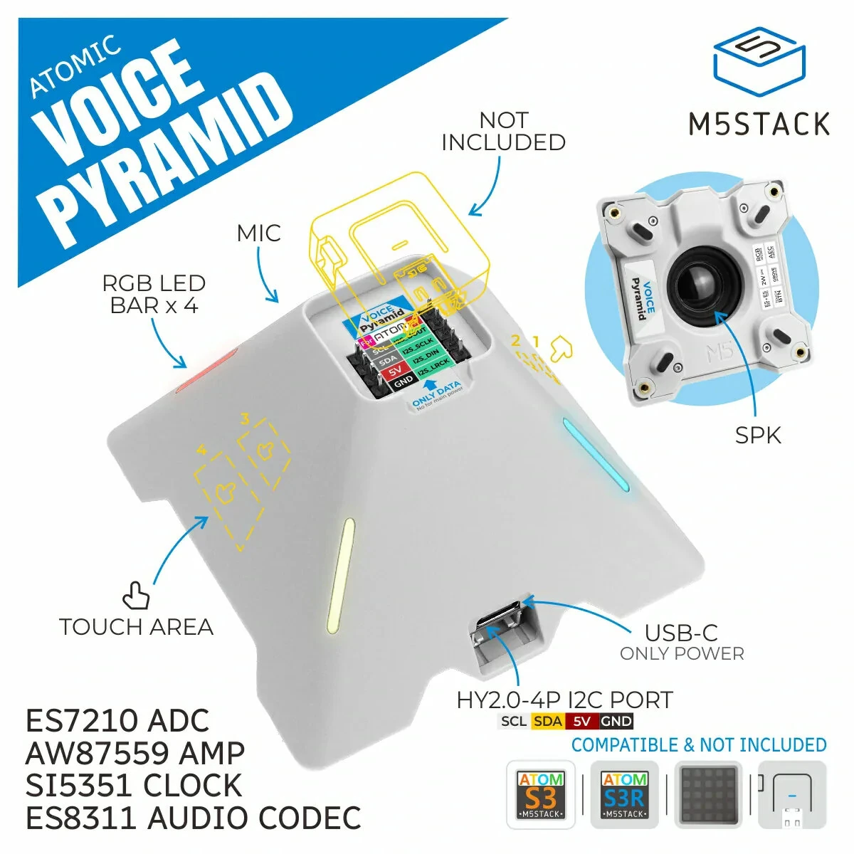 M5Stack Voice Pyramid Smart Speaker Base without M5Atom STM32G030F6P6 ES8311 ES7210 AW87559 Dual Touch Slider RGB LED HY2.0-4P Expansion Base For Atom AtomS3 AtomS3R — view 5