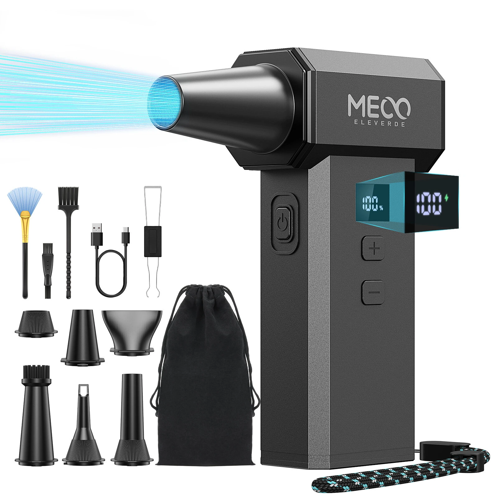 MECO ELEVERDE ME-CA3 Electric Air Duster 220000 RPM Powerful Air Blower for PC Keyboard Car Cleaning One Touch Turbo Stepless Speed Control Dual Display 2 Hour Runtime — view 2