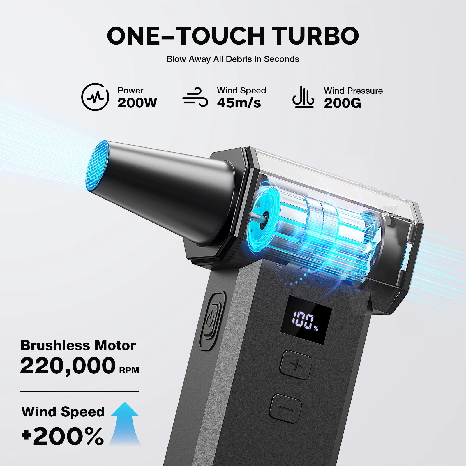 MECO ELEVERDE ME-CA3 Electric Air Duster 220000 RPM Powerful Air Blower for PC Keyboard Car Cleaning One Touch Turbo Stepless Speed Control Dual Display 2 Hour Runtime — view 3