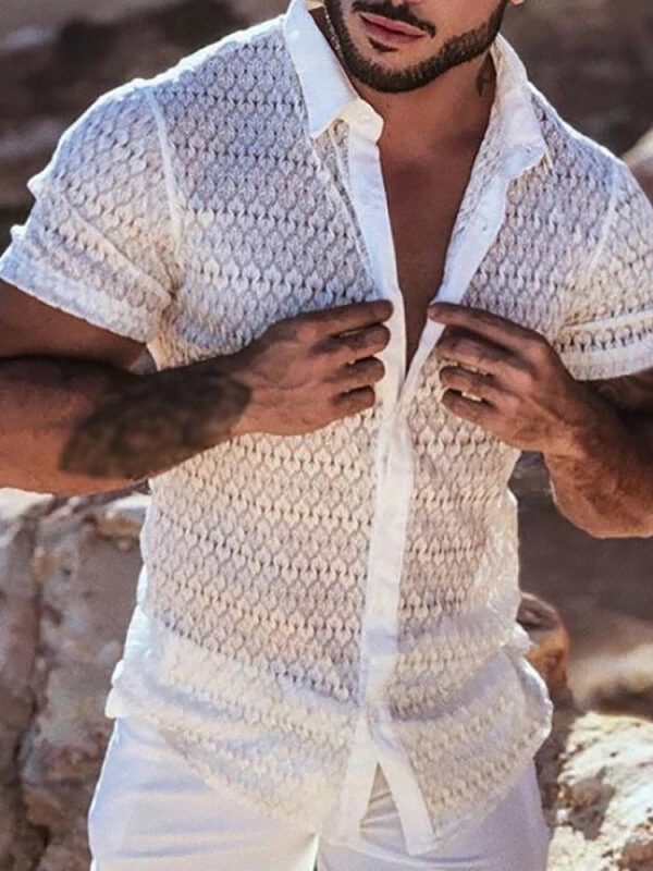 Men Lace Floral See Through Short Sleeve Lapel Collar Shirt — INCERUN