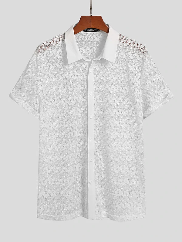 Men Lace Floral See Through Short Sleeve Lapel Collar Shirt — view 2