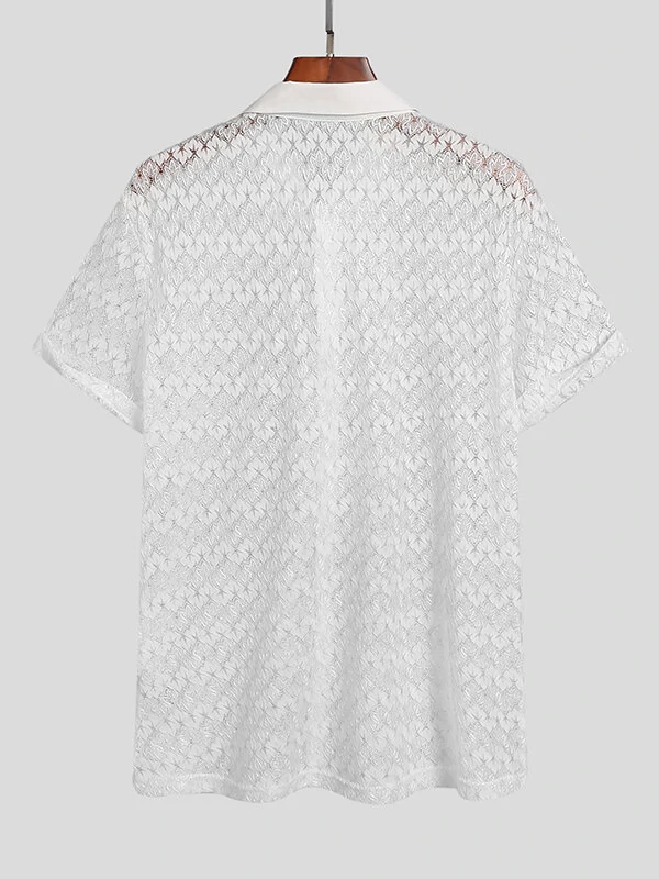 Men Lace Floral See Through Short Sleeve Lapel Collar Shirt — view 3