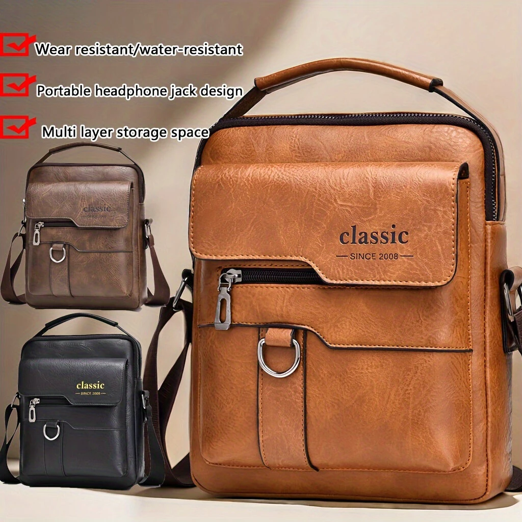 Men's Fashion PU Leather Shoulder Bag, Large Capacity Retro Business Crossbody Bag For Men Handbag Messenger Bag Waist Bag Office Use Bag Casual Day Bag, Multi-pocket Large Capacity, Waterproof and Wear-resistant — view 2