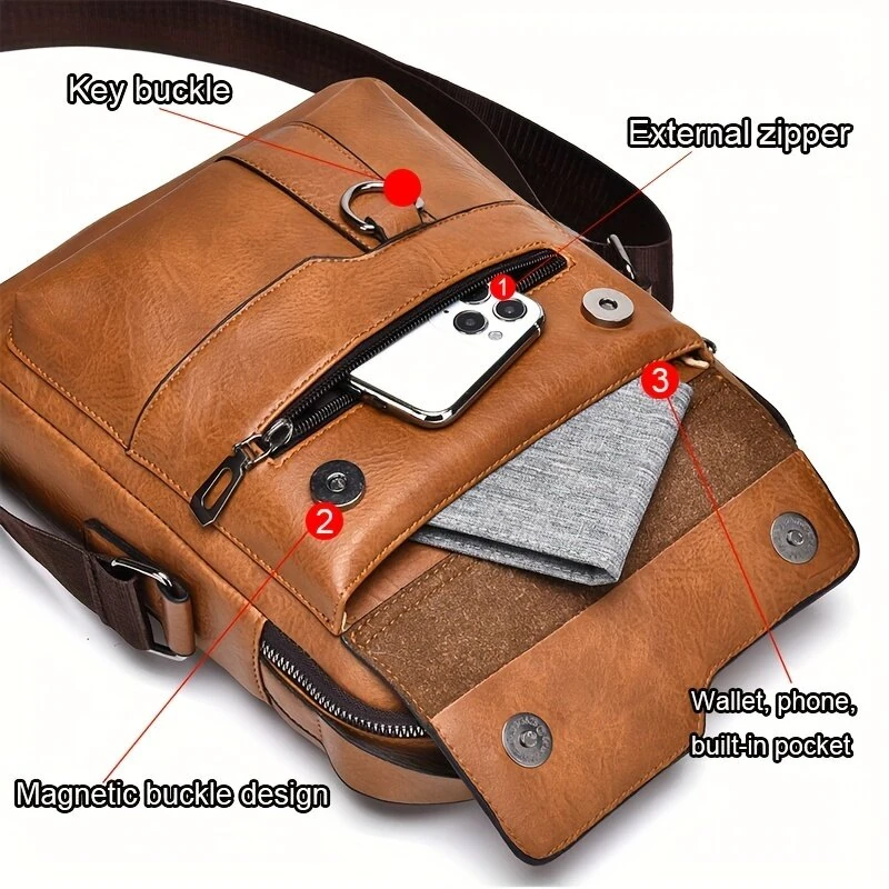 Men's Fashion PU Leather Shoulder Bag, Large Capacity Retro Business Crossbody Bag For Men Handbag Messenger Bag Waist Bag Office Use Bag Casual Day Bag, Multi-pocket Large Capacity, Waterproof and Wear-resistant — view 5