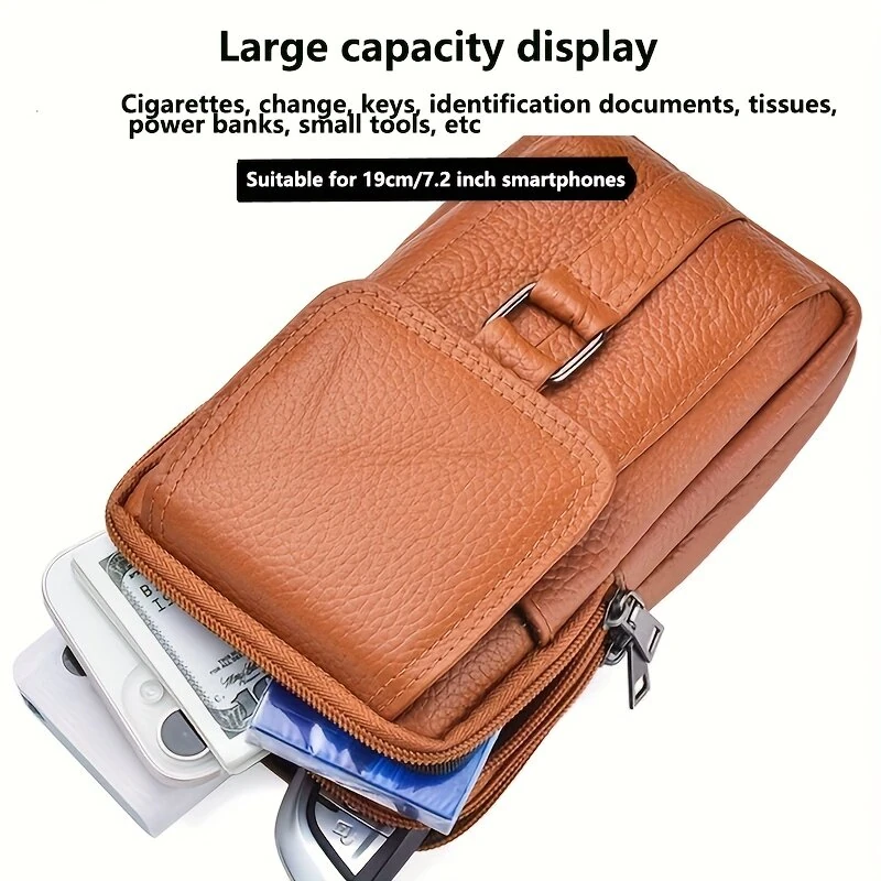 Men's Genuine Leather Mobile Phone Waist Bag Outdoor Work Key Chain Wear Belt Hanging Fanny Pack Portable Sport Hiking Small Crossbody Bag — view 5