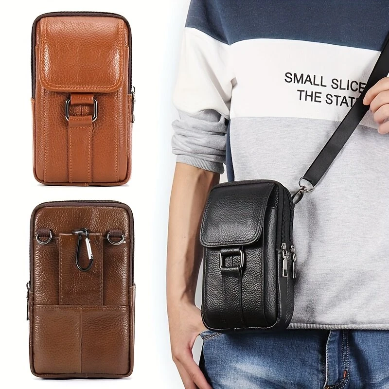 Men's Genuine Leather Mobile Phone Waist Bag Outdoor Work Key Chain Wear Belt Hanging Fanny Pack Portable Sport Hiking Small Crossbody Bag — view 7