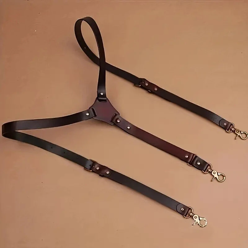 Men's PU Leather Suspenders Retro Style Y back Adjustable Belt Loop 3 Snap Hooks Belt Mens Trousers Braces — view 4