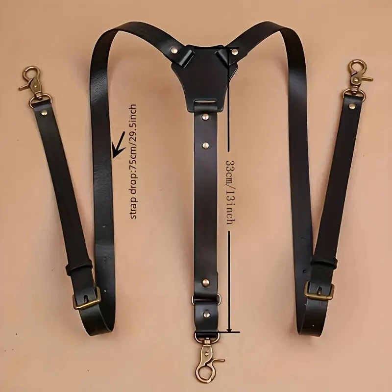 Men's PU Leather Suspenders Retro Style Y back Adjustable Belt Loop 3 Snap Hooks Belt Mens Trousers Braces — view 5