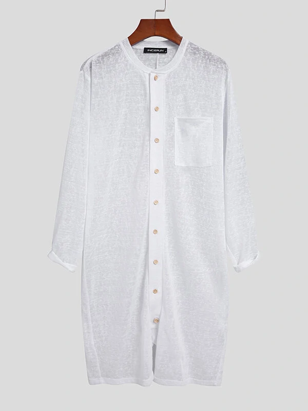 Men Thin Button Up Solid Color Long Sleeve Button Up Jumpsuit — view 3