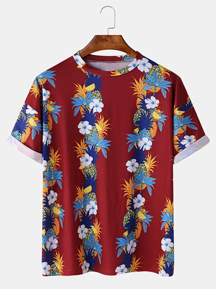 Mens Fashion Floral Printing Crew Neck Breathable Short Sleeve Casual T-Shirts