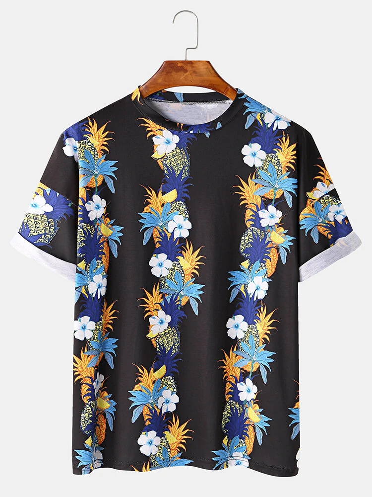 Mens Fashion Floral Printing Crew Neck Breathable Short Sleeve Casual T-Shirts — view 3