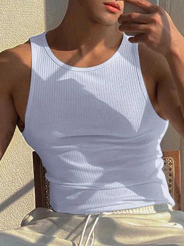 Mens Solid Crew Neck Rib-Knit Sleeveless Tank Top — view 2