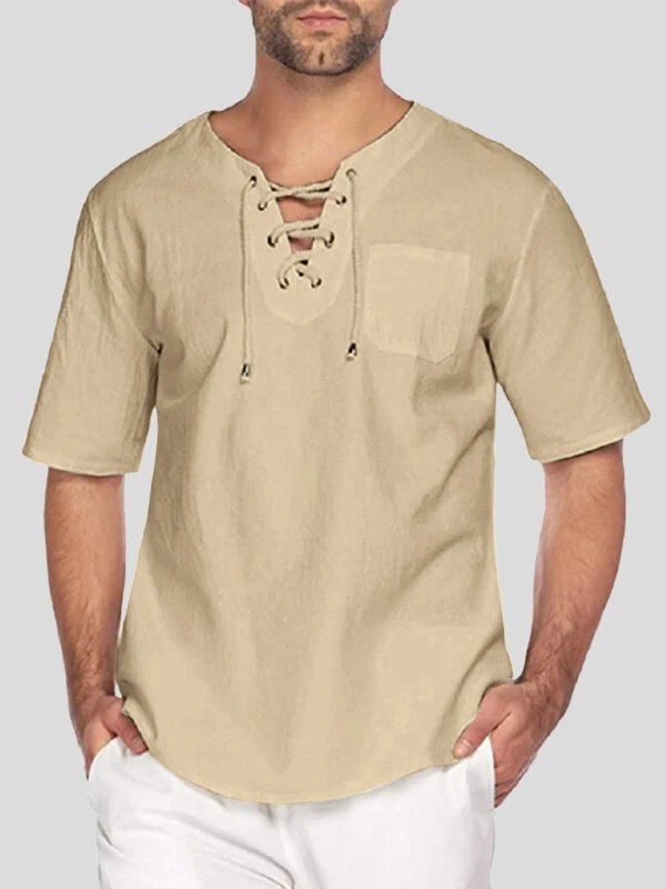 Mens Solid Drawstring V-Neck Cotton Short Sleeve T-Shirt — INCERUN