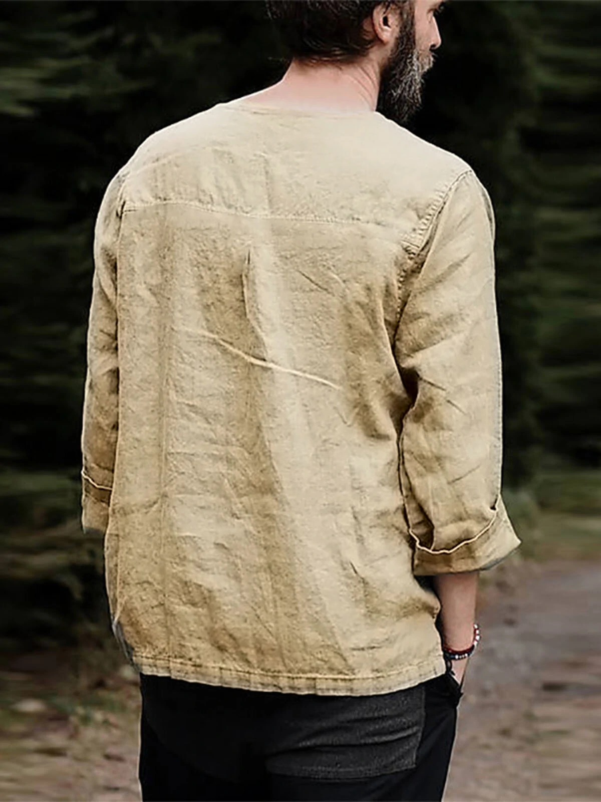 Mens Solid Lace-Up Neck 100%Cotton Long Sleeve T-Shirt — view 2