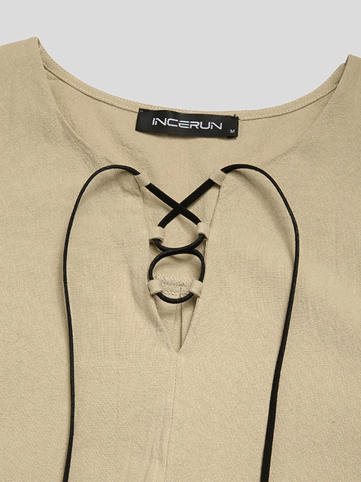 Mens Solid Lace-Up Neck 100%Cotton Long Sleeve T-Shirt — view 6