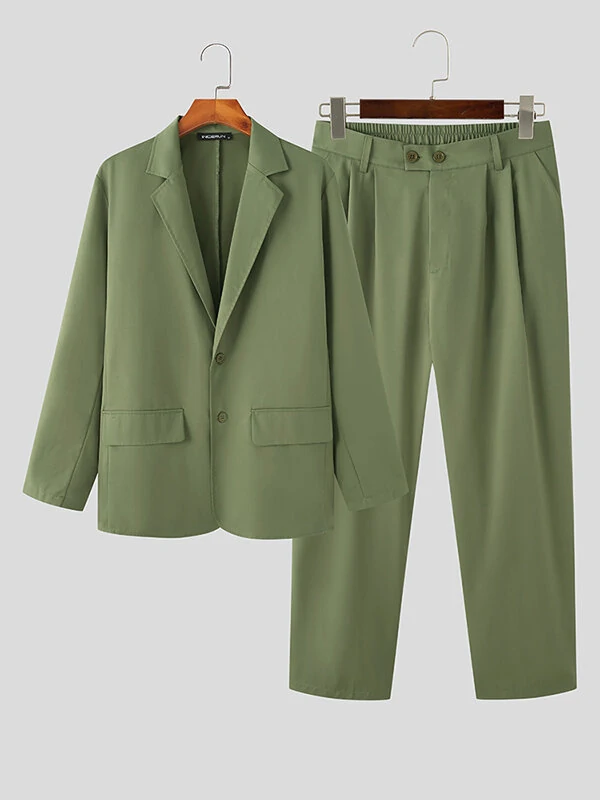 Mens Solid Lapel Blazer Casual Two Pieces Outfits — view 5
