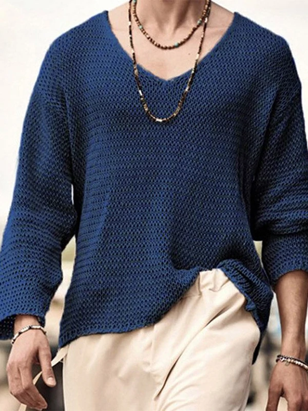 Mens Solid Long Sleeve V-neck T-shirt — view 5