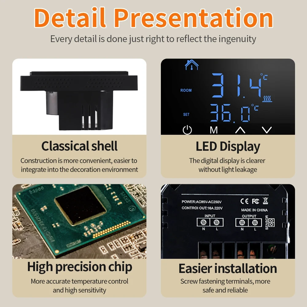 MH1828A AC85-265V 16A Floor Heating Temperature Controller Wall-Mounted Smart Thermostat with LED Touch Screen Wiring Electric Heating Control for Home Tile/Wooden/Marble Floor — view 7