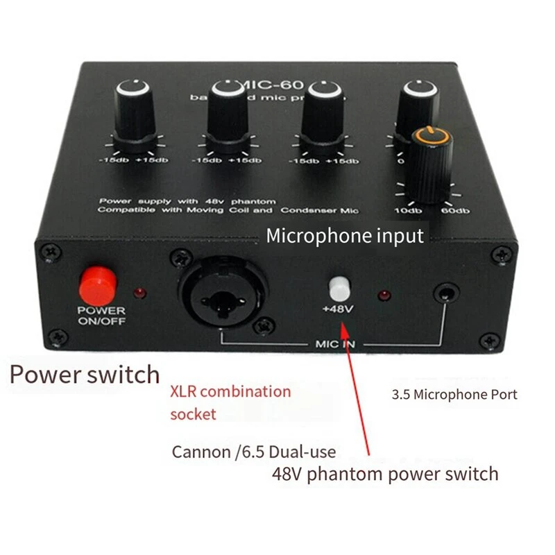MIC-60 Balanced Mic Preamplifier Condenser Moving Coil Microphone Amplifier 48V Phantom Power 60dB Gain Low Cut Three Band Equalizer with USB and XLR Cable — view 2