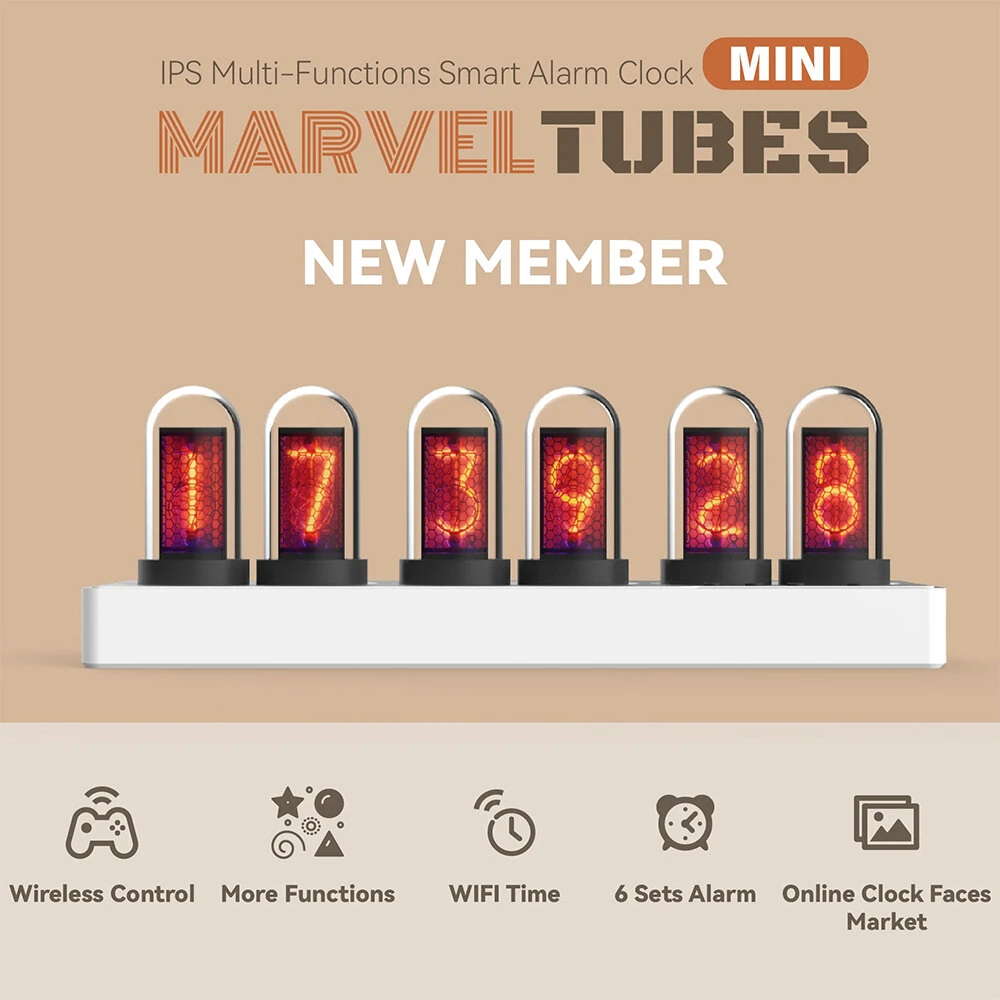 MiniIPS Multi-Function Wireless Control Smart Desktop Alarm Clock 6-Digit Color Screen Digital Clock Wifi Control Quasi-Glow Tube Alarm Clock Wireless Phone Table Decoration — MiniIPS