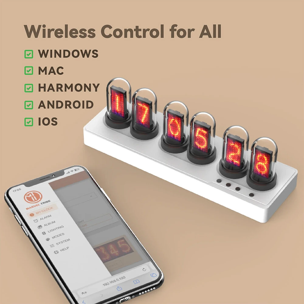 MiniIPS Multi-Function Wireless Control Smart Desktop Alarm Clock 6-Digit Color Screen Digital Clock Wifi Control Quasi-Glow Tube Alarm Clock Wireless Phone Table Decoration — view 8