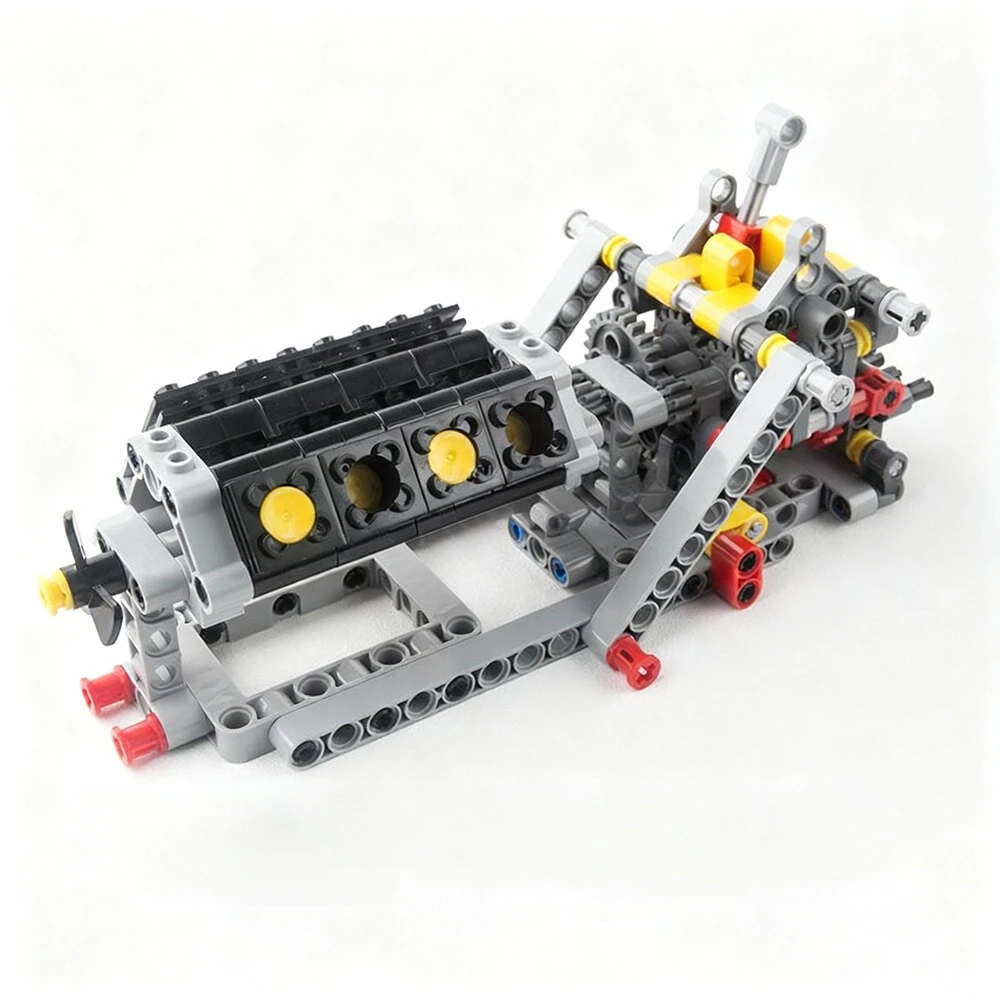 MOC High-Tech Mechanical Power Group V8 Engine Model Matched Sequential 4 Speed Gearbox Building Block Bricks DIY Toys — MOC