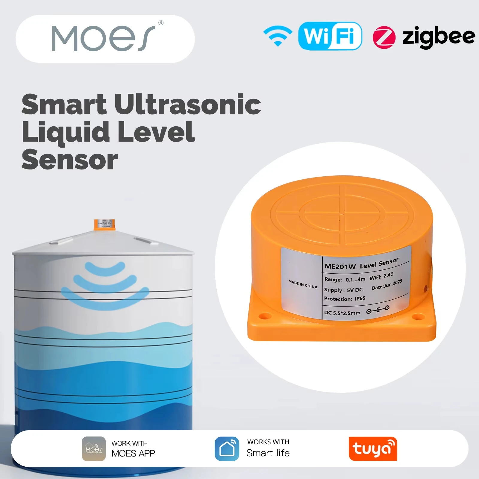 MOES Tuya WiFi/ZigBee3.0 Smart Water Level Sensor with APP Alarm Alert Ultrasonic Tank Monitor Remote Detector — view 3