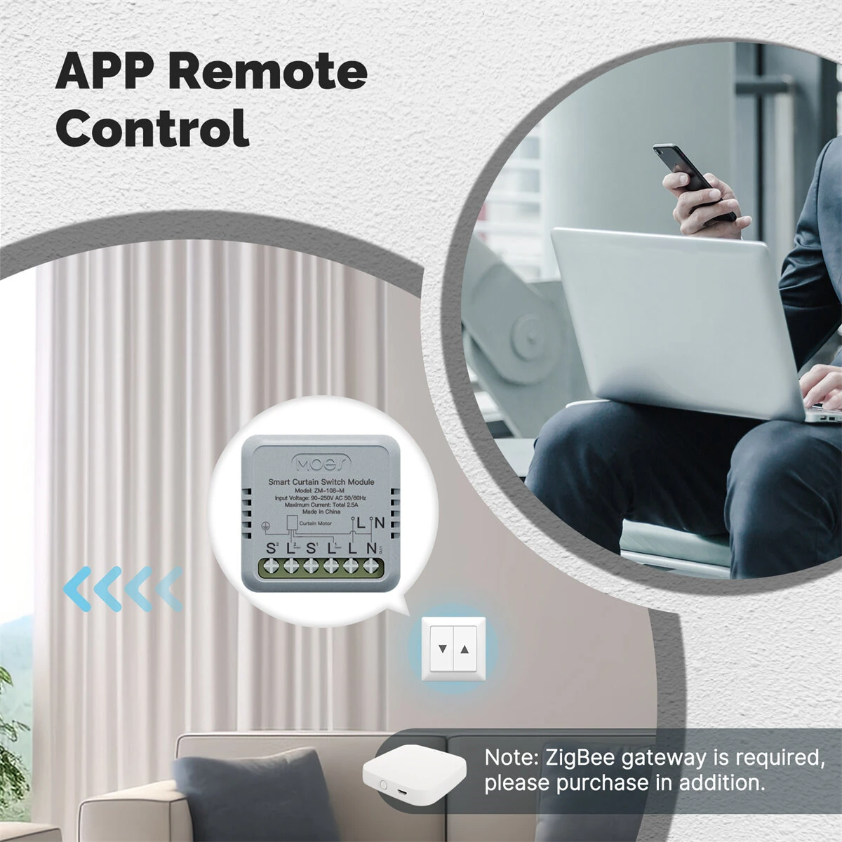 MOES ZM-108-M Tuya Smart Zigbe Curtain Switch Module 90-250V AC 2.5A Remote Motor Rotation Switchable Smart Home Automation Smart Linkage Calibration Function IP20 Voice Control with Alexa Google Assistant — view 6