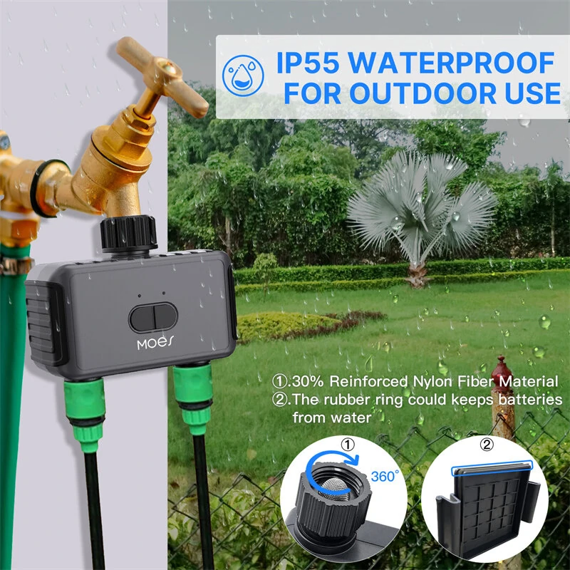 MoesHouse Tuya Smart bluetooth Dual Watering Timer IP55 Automatically Schedules Automatic Drip Irrigation Controller Garden Valve Work with Alexa Google Home — view 6
