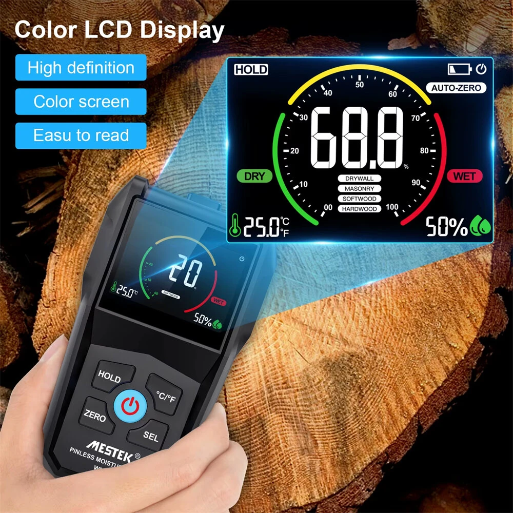 Moisture Meter Electromagnetic Technology VA Reverse Screen Multi Material Use Softwood Hardwood Drywall Masonry Temperature Humidity Monitoring Accurate Measurement — view 4