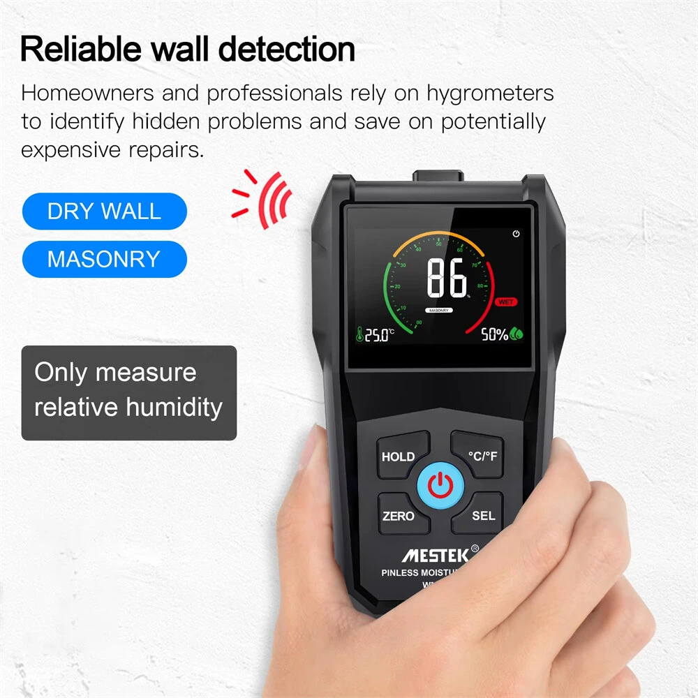 Moisture Meter Electromagnetic Technology VA Reverse Screen Multi Material Use Softwood Hardwood Drywall Masonry Temperature Humidity Monitoring Accurate Measurement — view 5