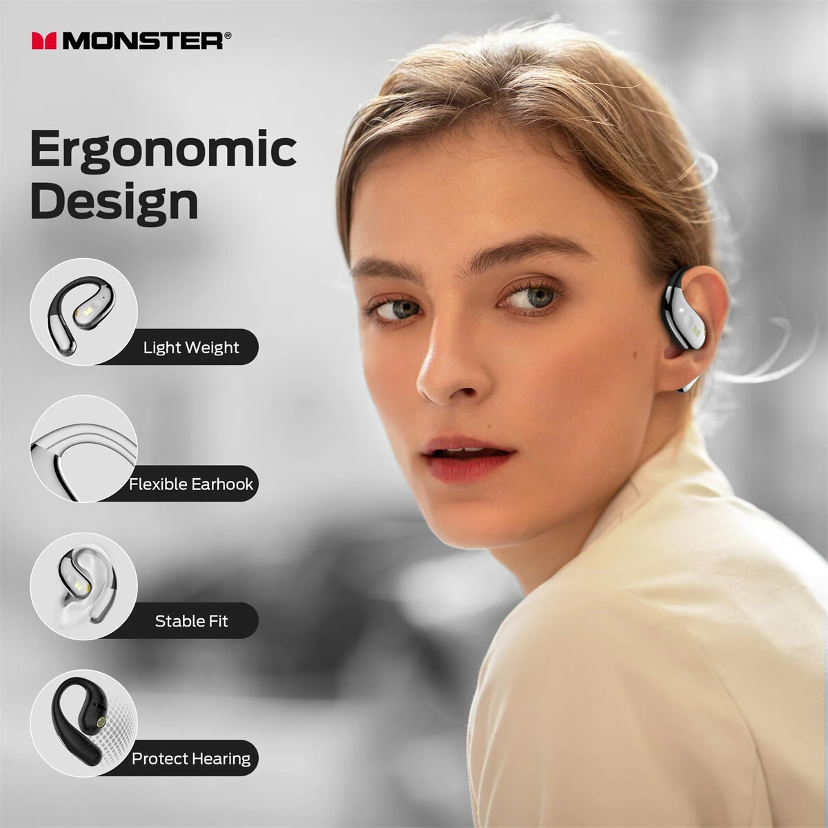 MONSTER AC360 TWS Earbuds bluetooth 5.4 Earphone 14.2mm Titanium PU Diaphragm AAC Audio ENC Noise Cancelling 24H Playback Touch Control Ergonomics Earhooks Sports Headphones with Mic — view 3