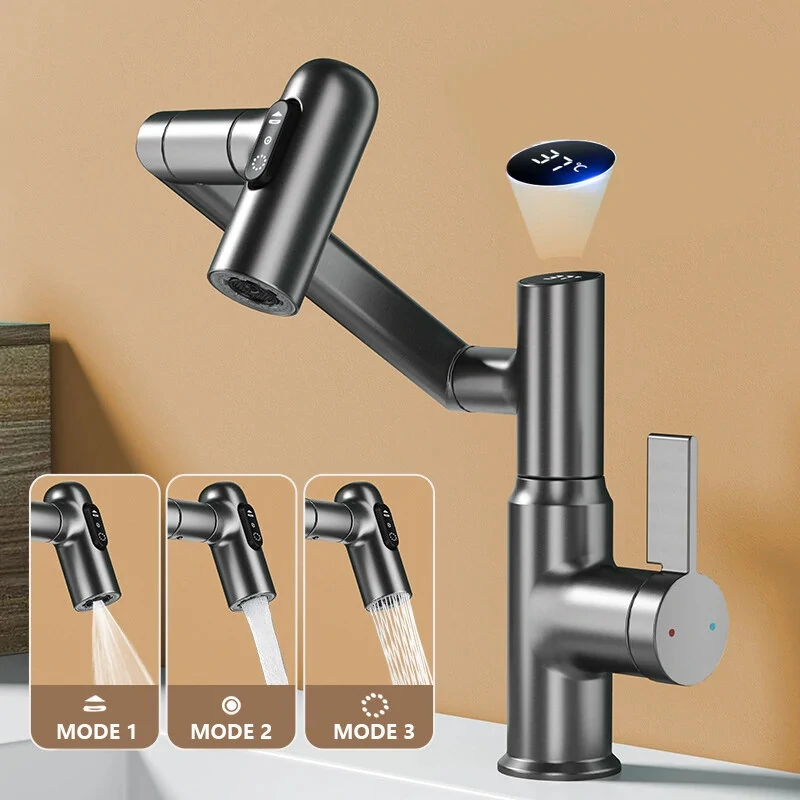 Multi-function Basin Faucet with LED Digital Display 360 Rotation Stream Sprayer Hot Cold Water Sink Mixer Wash Tap For Bathroom — Multi-function