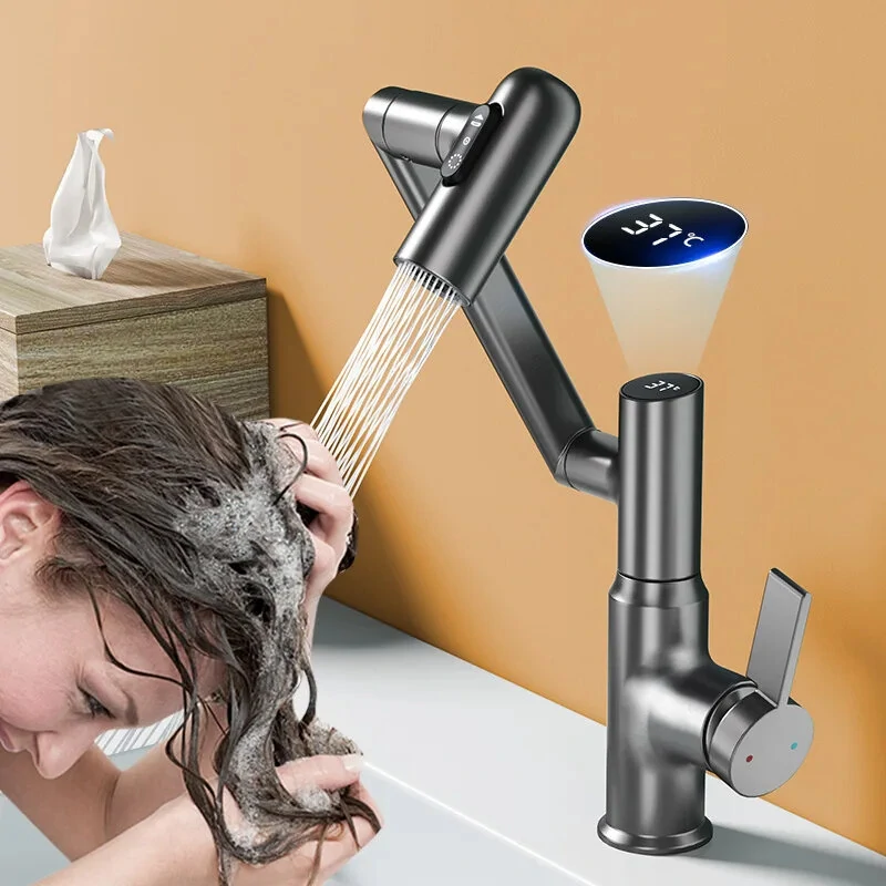 Multi-function Basin Faucet with LED Digital Display 360 Rotation Stream Sprayer Hot Cold Water Sink Mixer Wash Tap For Bathroom — view 4
