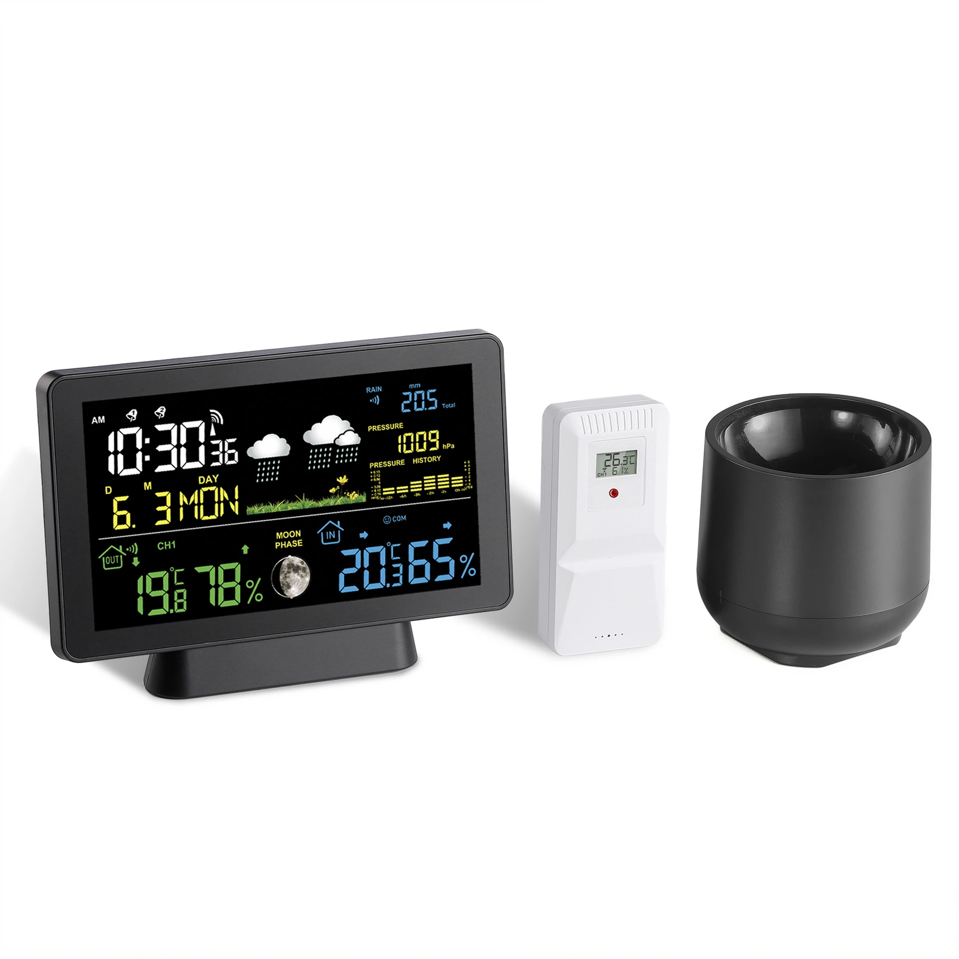 Multi-function Professional Weather Station Alarm Clock Wireless Indoor Outdoor Thermometer With Rain Gauge/ Temperature/ Humidity/ Rainfall Monitoring/ Atmospheric Pressure Intelligent Color Screen Clock — Multi-function