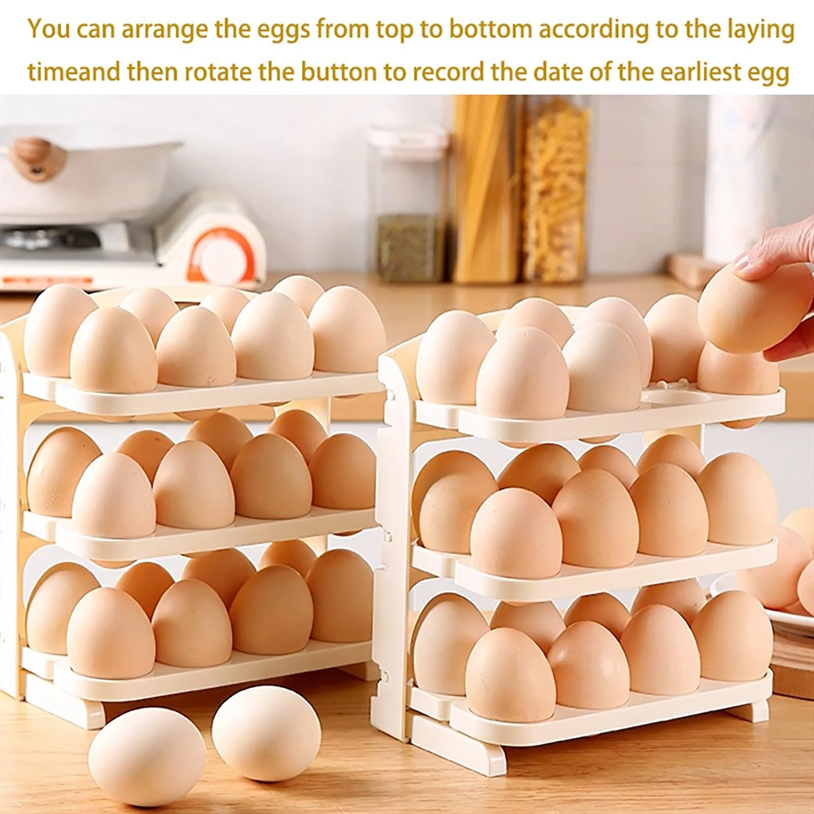 Multi-layer Foldable Anti-drop Egg Organizer Tray with Lid and Handle Egg Holder For Refrigerator-Stackable Egg Storage Container for  24 Eggs Refrigerator Door — view 4