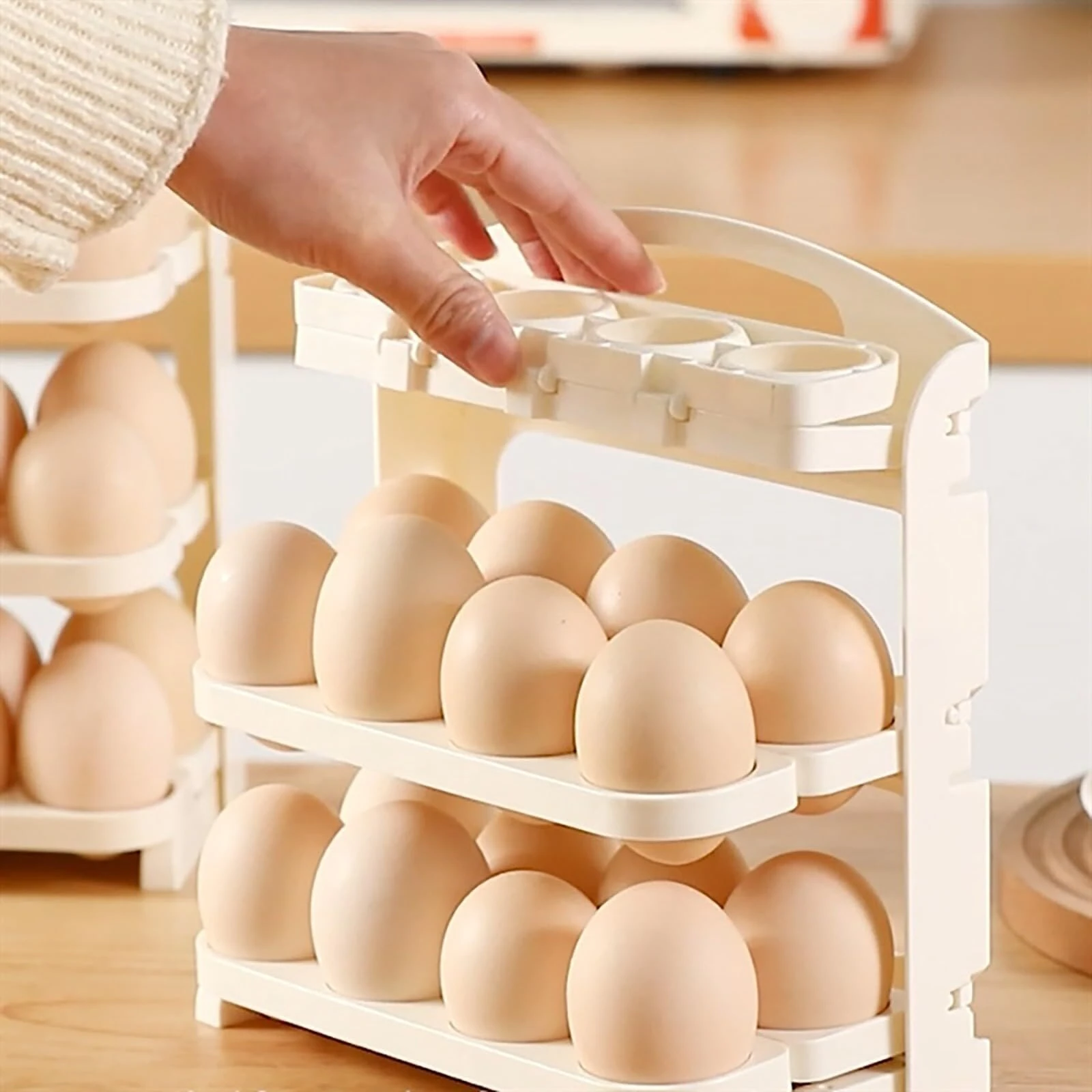 Multi-layer Foldable Anti-drop Egg Organizer Tray with Lid and Handle Egg Holder For Refrigerator-Stackable Egg Storage Container for  24 Eggs Refrigerator Door — view 5