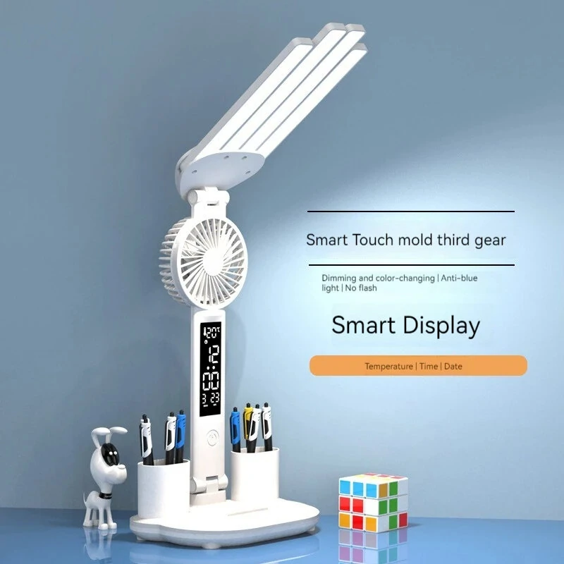 Multifunctional 4 Heads LED Eye Protection Desk Lamp with Intelligent Display Touch Control 80LEDs 3 Light Modes Stepless Dimming USB Rechargeable Design for Office Home Reading — view 3