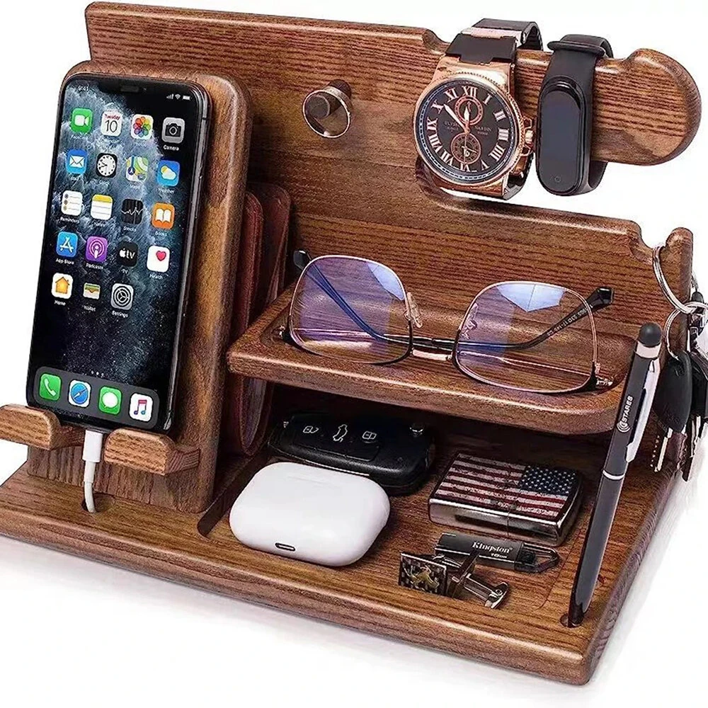 Multifunctional Desktop Charging Mobile Phone Holder Wooden Phone Storage Stand Key Holder Wallet Stand Watch Organizer — view 2
