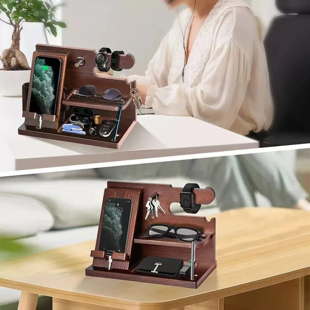 Multifunctional Desktop Charging Mobile Phone Holder Wooden Phone Storage Stand Key Holder Wallet Stand Watch Organizer — view 4