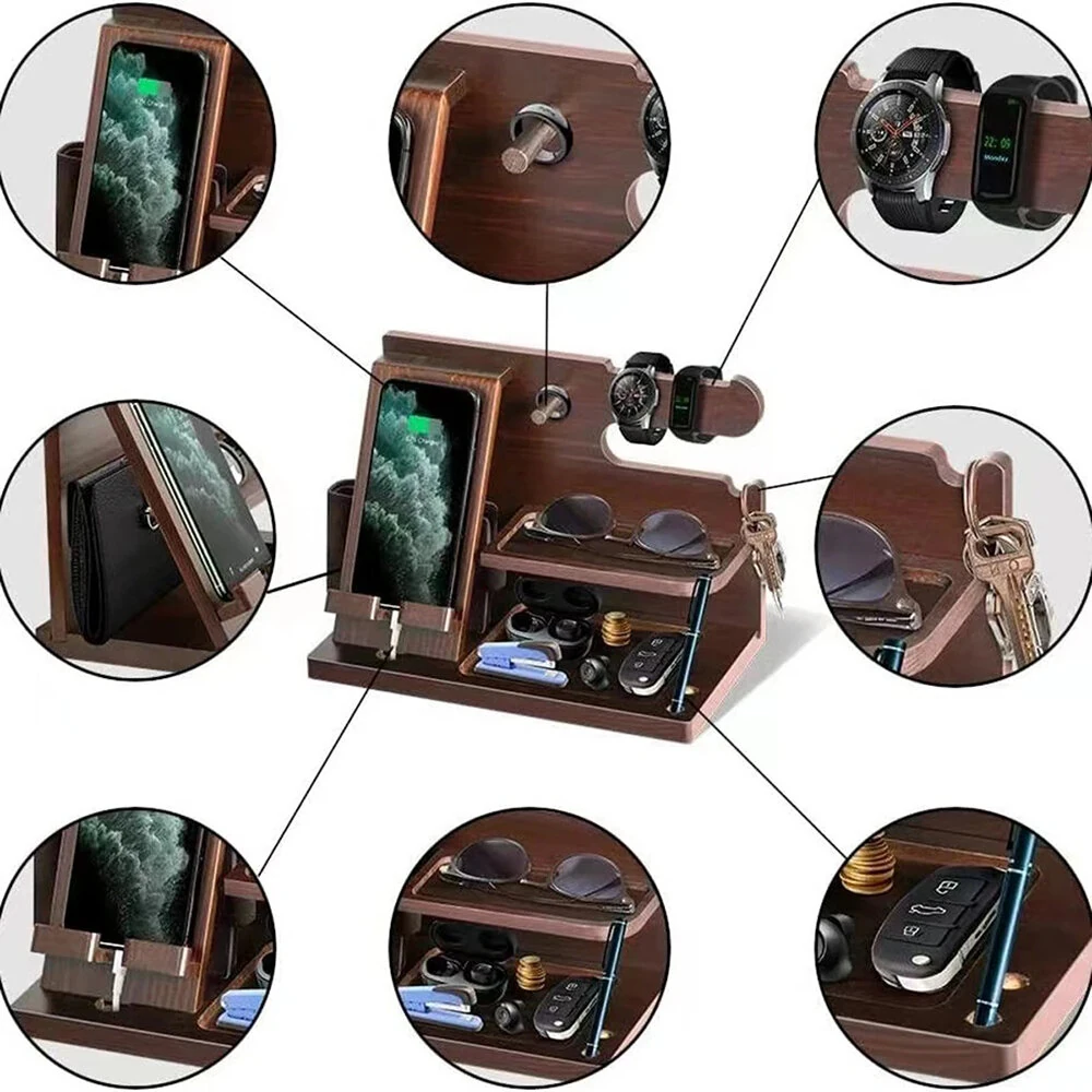 Multifunctional Desktop Charging Mobile Phone Holder Wooden Phone Storage Stand Key Holder Wallet Stand Watch Organizer — view 6