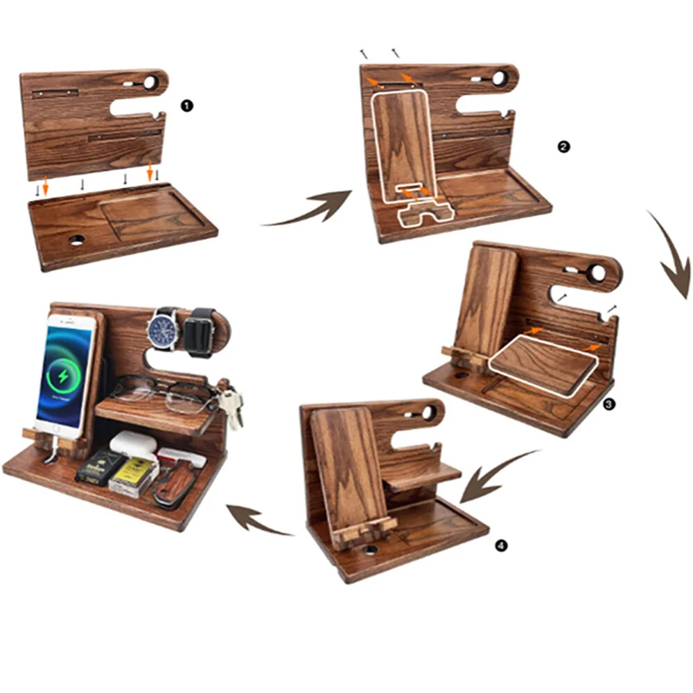 Multifunctional Desktop Charging Mobile Phone Holder Wooden Phone Storage Stand Key Holder Wallet Stand Watch Organizer — view 7