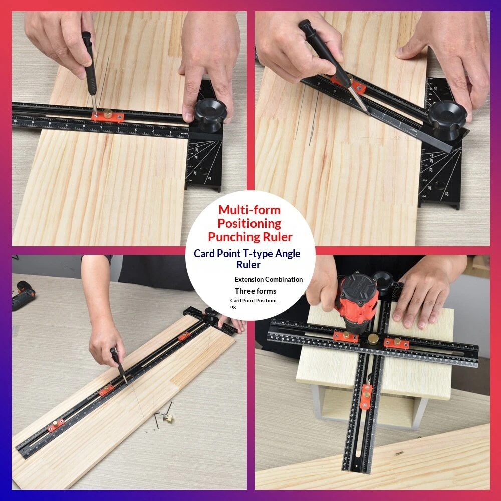Multifunctional Drilling Positioning Ruler T-Square Angle Measuring Ruler 400mm 800mm Aluminum Alloy Woodworking Hole Locator Marking Gauge — view 6
